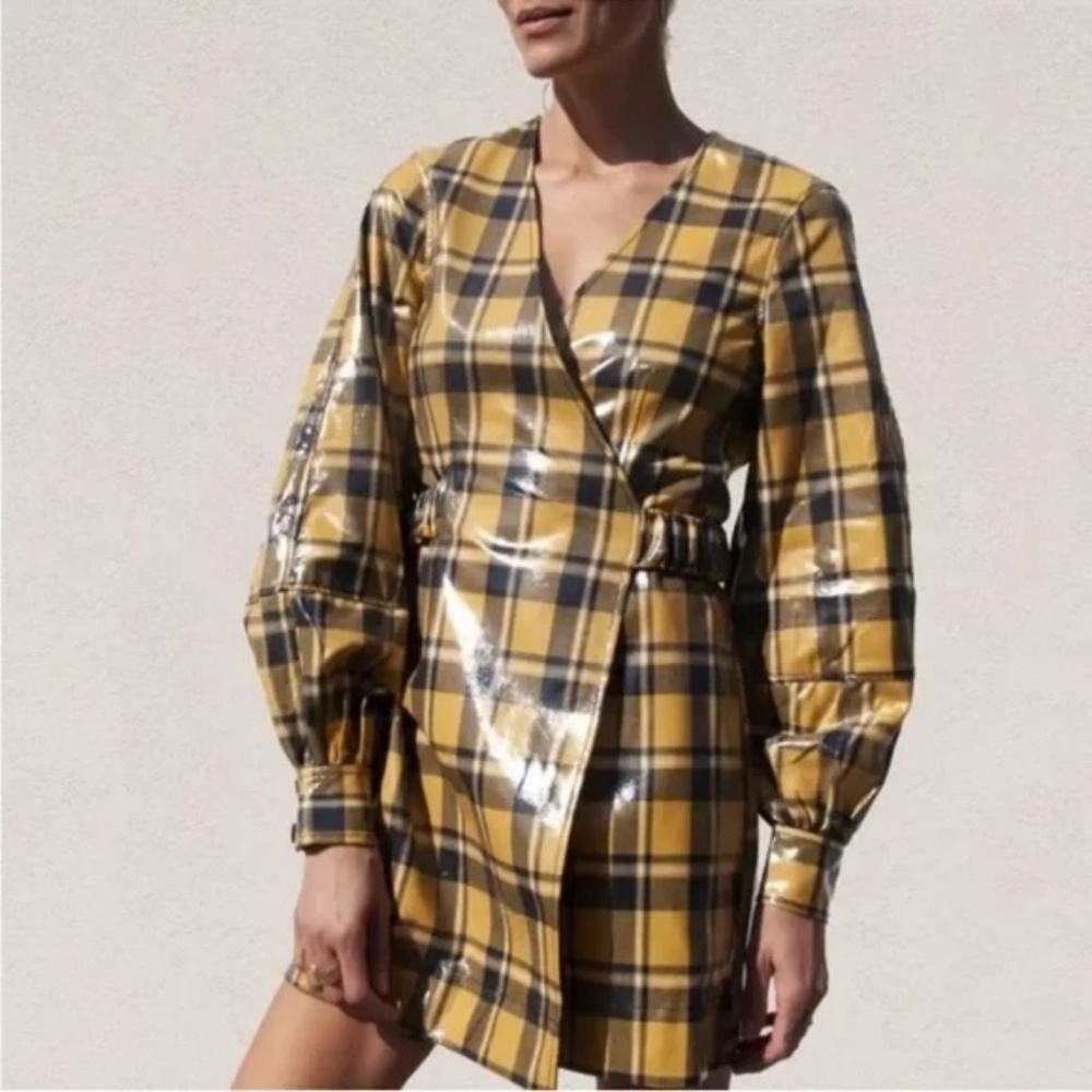 Ganni Yellow and Black Plaid Long Sleeve Wrap Dress